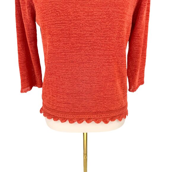 VTG Finity Studio Open Knit Top MEDIUM Orange Boat Neck Scalloped Hem 3/4 Sleeve - Picture 4 of 11